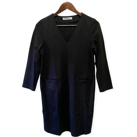 Tokarin Women's Size S Long Sleeve V-Neck Mid Dress Front Pockets Solid Black - Picture 5 of 6